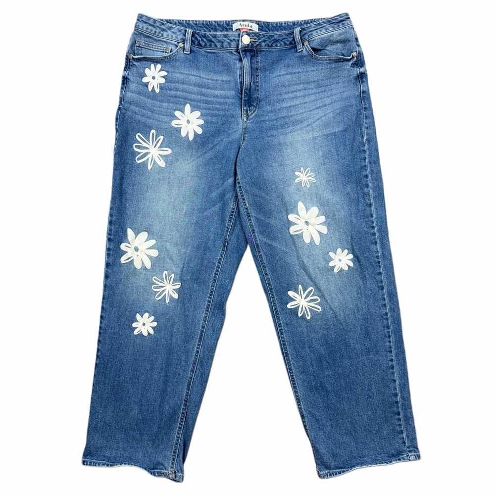 Arula Floral Jeans Womens Size 16 Blue Denim White Daisy Print Straight Leg